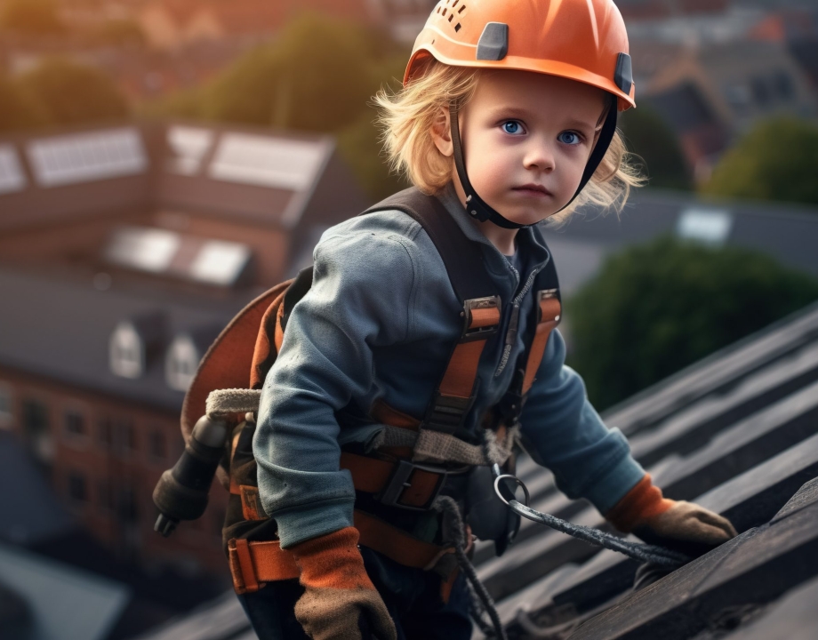 A little boy as a roofer wearing a construction helmet on a roof, involved in repair or installation work.